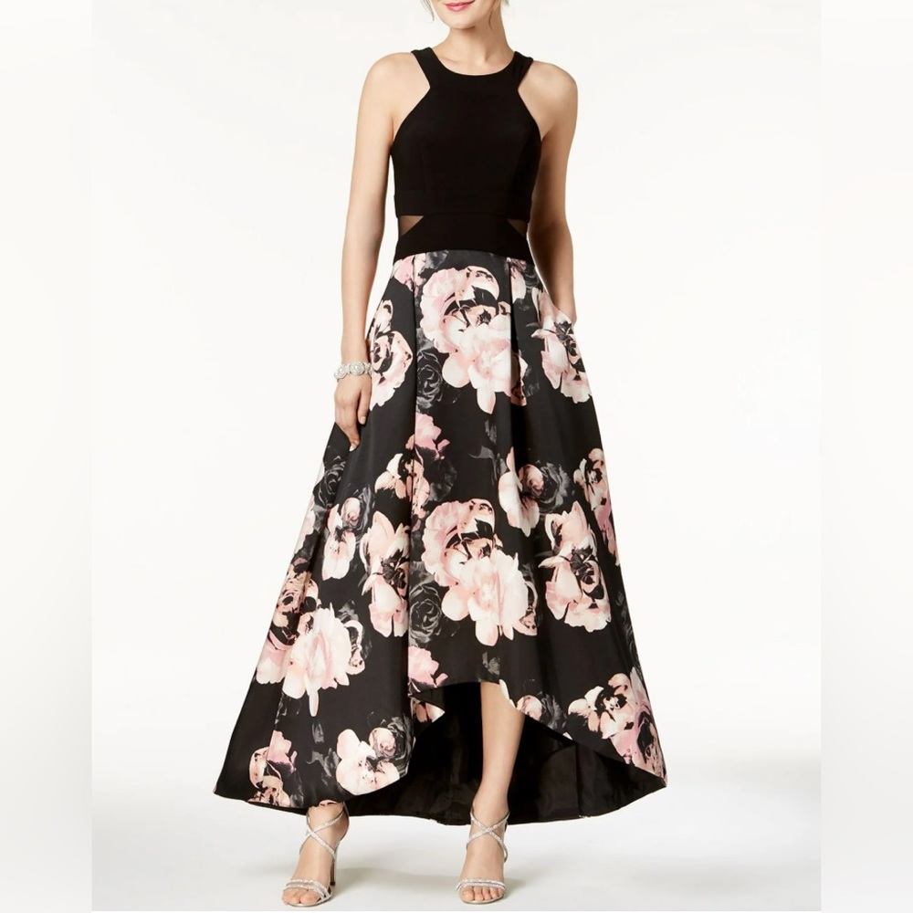 Xscape Black Dress with Pale Pink Floral High-Low Skirt